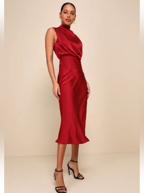 Lulus Distinctive Charm Burgundy Satin Asymmetrical Midi Dress